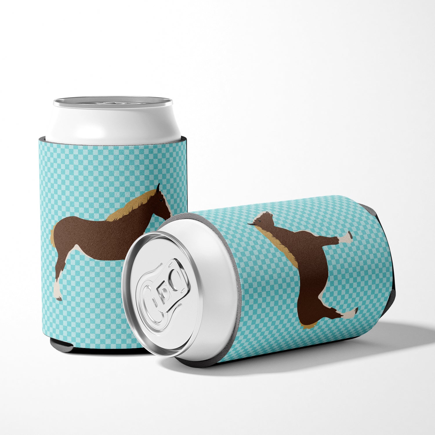 Percheron Horse Blue Check Can or Bottle Hugger Cooler Sleeve for Standard 12 oz Cans, Insulated Foam Beer & Soda Can Hugger Reusable