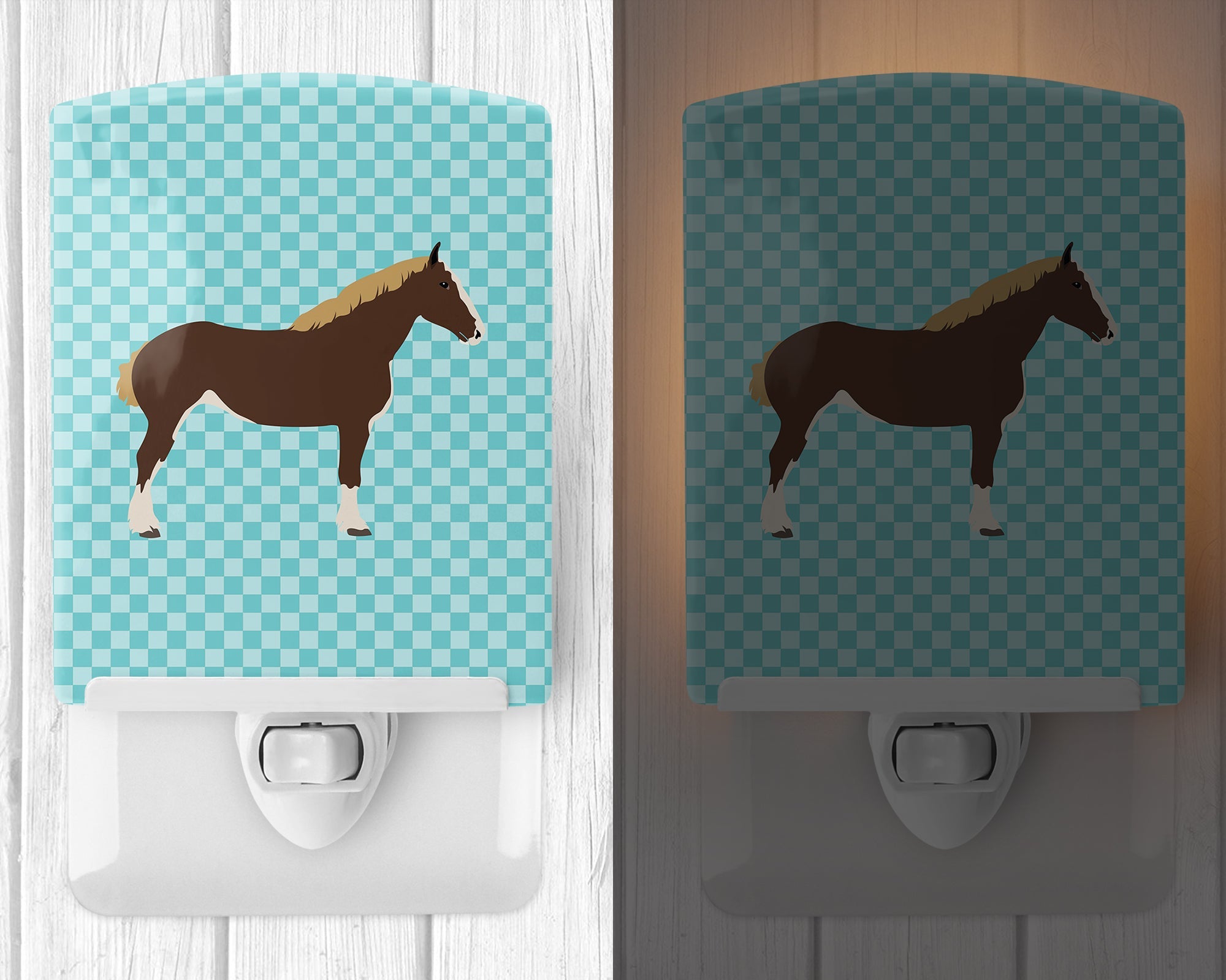 Percheron Horse Blue Check Ceramic Night Light Compact, UL-Certified, Ideal for Bedroom, Bathroom, Nursery, Hallway, Kitchen, 6x4x3, Multicolor