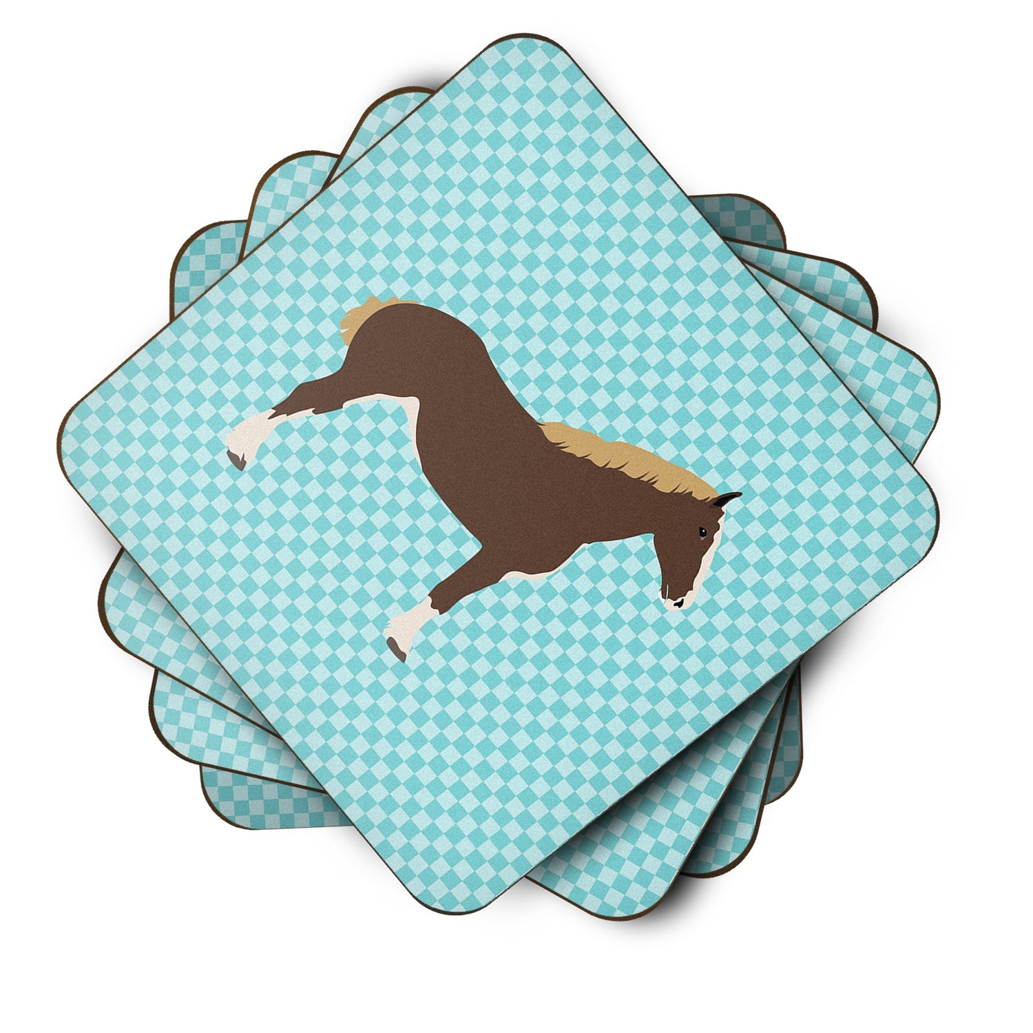 Percheron Horse Blue Check Foam Coasters Set of 4 Cup Coasters for Indoor Outdoor, Tabletop Protection, Anti Slip, Mouse pad Material