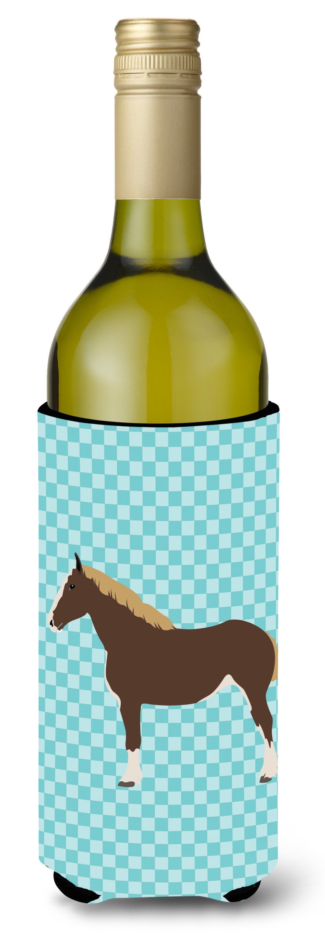 Percheron Horse Blue Check Wine Bottle Hugger Gift Sleeve for Standard 750 ml Bottles, Insulated Reusable Also Fits Mini Shot & Pint Bottles