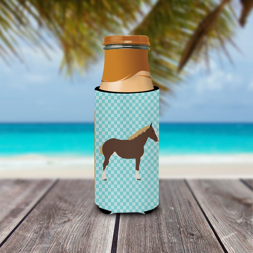 Percheron Horse Blue Check Slim Can Hugger , Insulated Foam Hugger for 12 oz Slim Cans, Beer Bottles & Water Bottles, Printed in USA