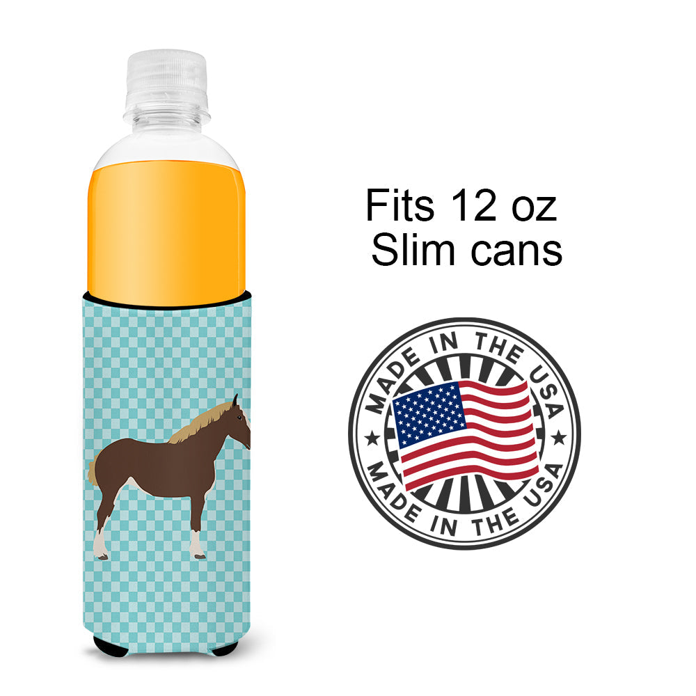 Percheron Horse Blue Check Slim Can Hugger , Insulated Foam Hugger for 12 oz Slim Cans, Beer Bottles & Water Bottles, Printed in USA