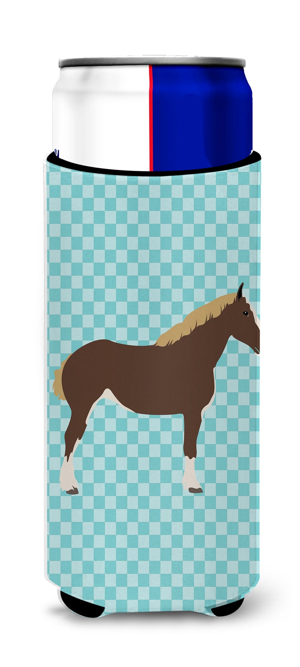Percheron Horse Blue Check Slim Can Hugger , Insulated Foam Hugger for 12 oz Slim Cans, Beer Bottles & Water Bottles, Printed in USA