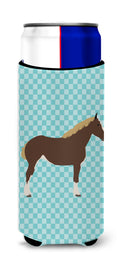 Percheron Horse Blue Check Slim Can Hugger , Insulated Foam Hugger for 12 oz Slim Cans, Beer Bottles & Water Bottles, Printed in USA