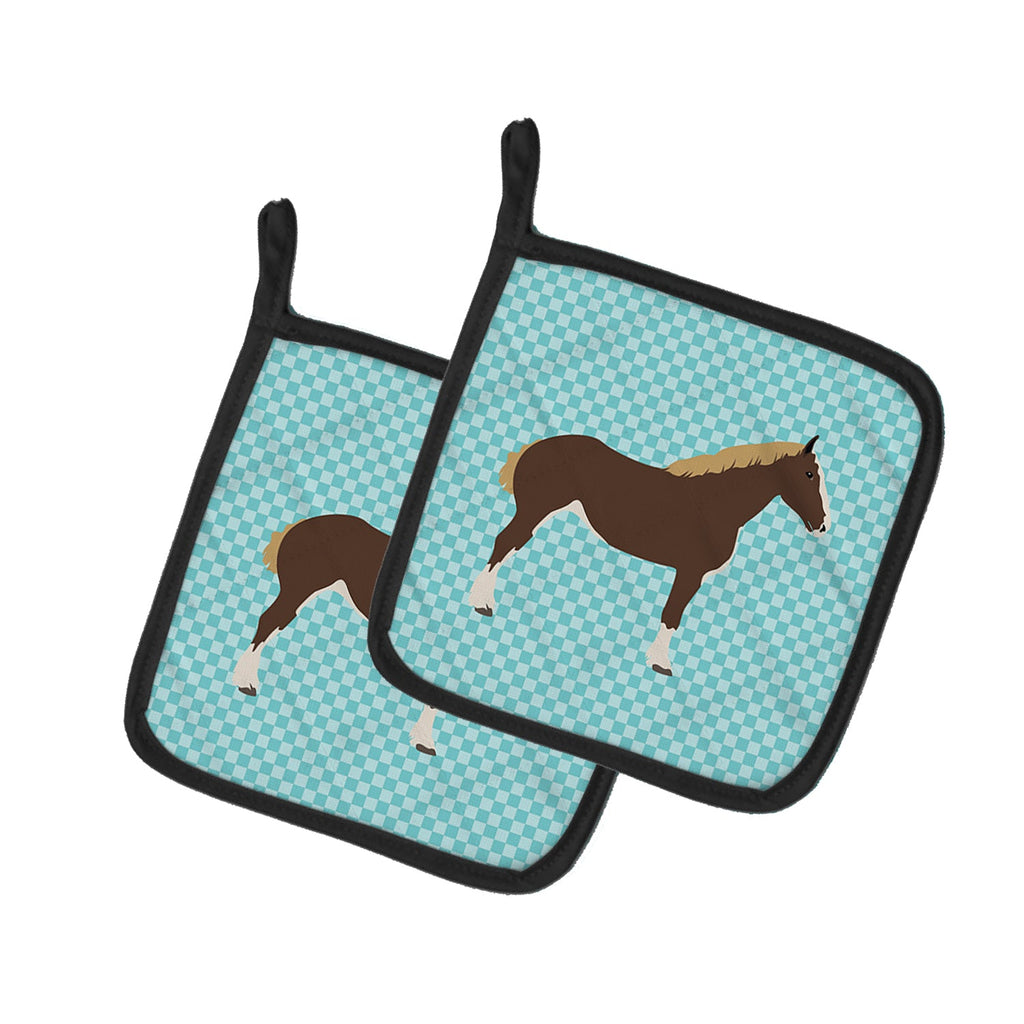 Percheron Horse Blue Check Pot Holder Set of 2 Heat Resistant Quilted Hot Pads 7.5 x 7.5 Inch, Insulated Kitchen Trivets for Cooking & Baking