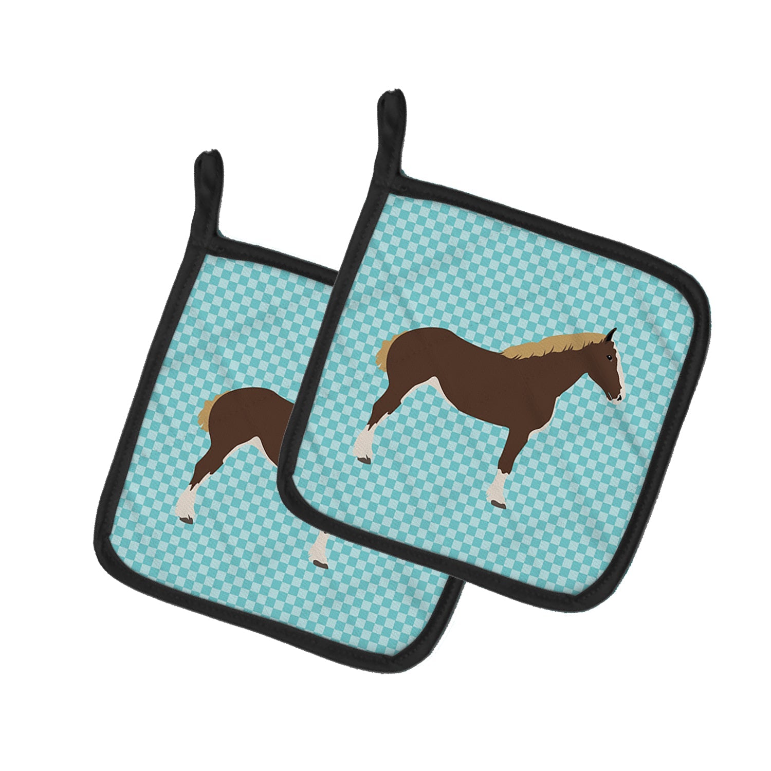 Percheron Horse Blue Check Pot Holder Set of 2 Heat Resistant Quilted Hot Pads 7.5 x 7.5 Inch, Insulated Kitchen Trivets for Cooking & Baking