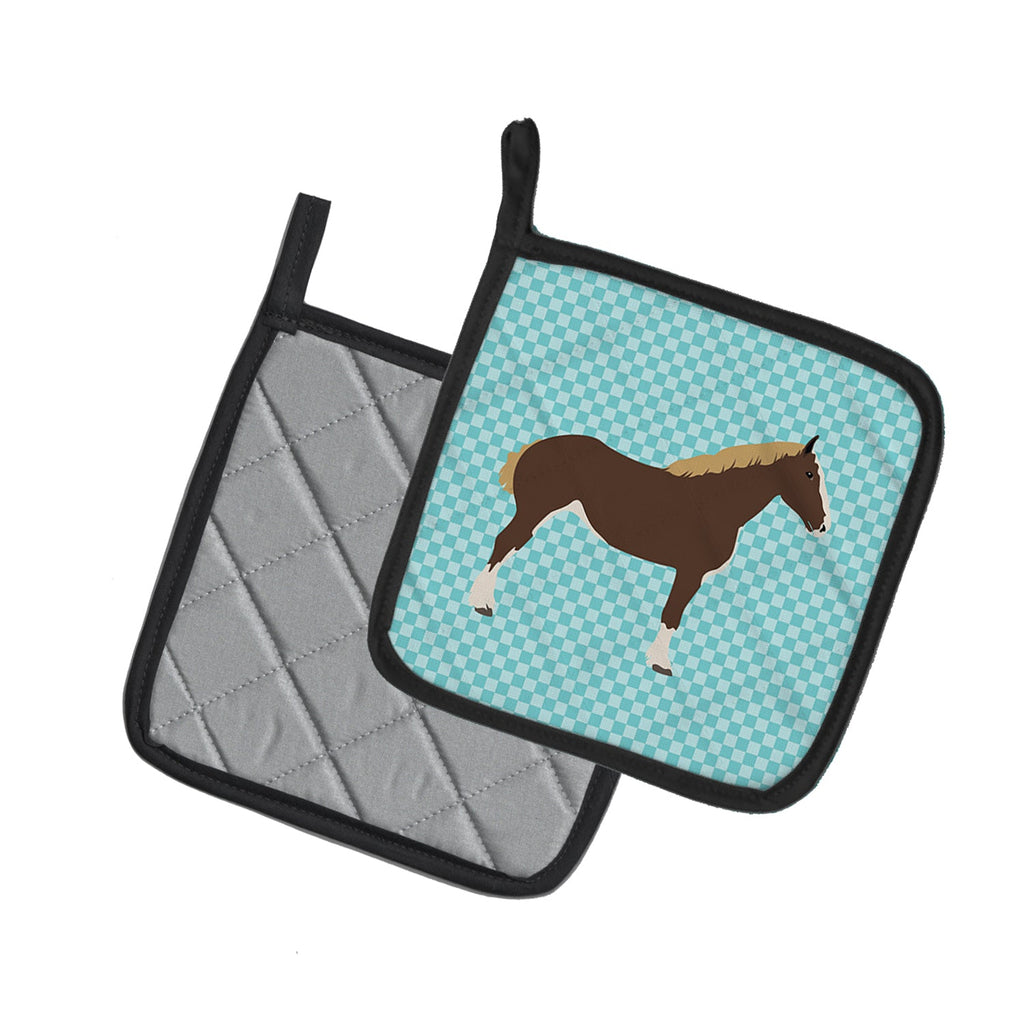 Percheron Horse Blue Check Pot Holder Set of 2 Heat Resistant Quilted Hot Pads 7.5 x 7.5 Inch, Insulated Kitchen Trivets for Cooking & Baking