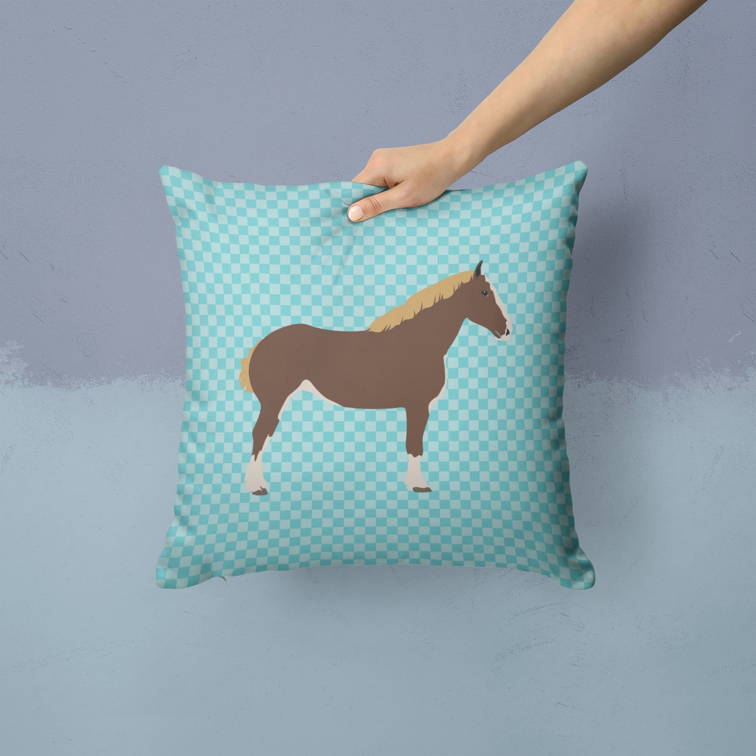 Percheron Horse Blue Check Decorative Throw Pillow 14x14 Indoor Outdoor Accent Cushion, Fabric Cover with Insert for Sofa, Bed, Porch & Living Room