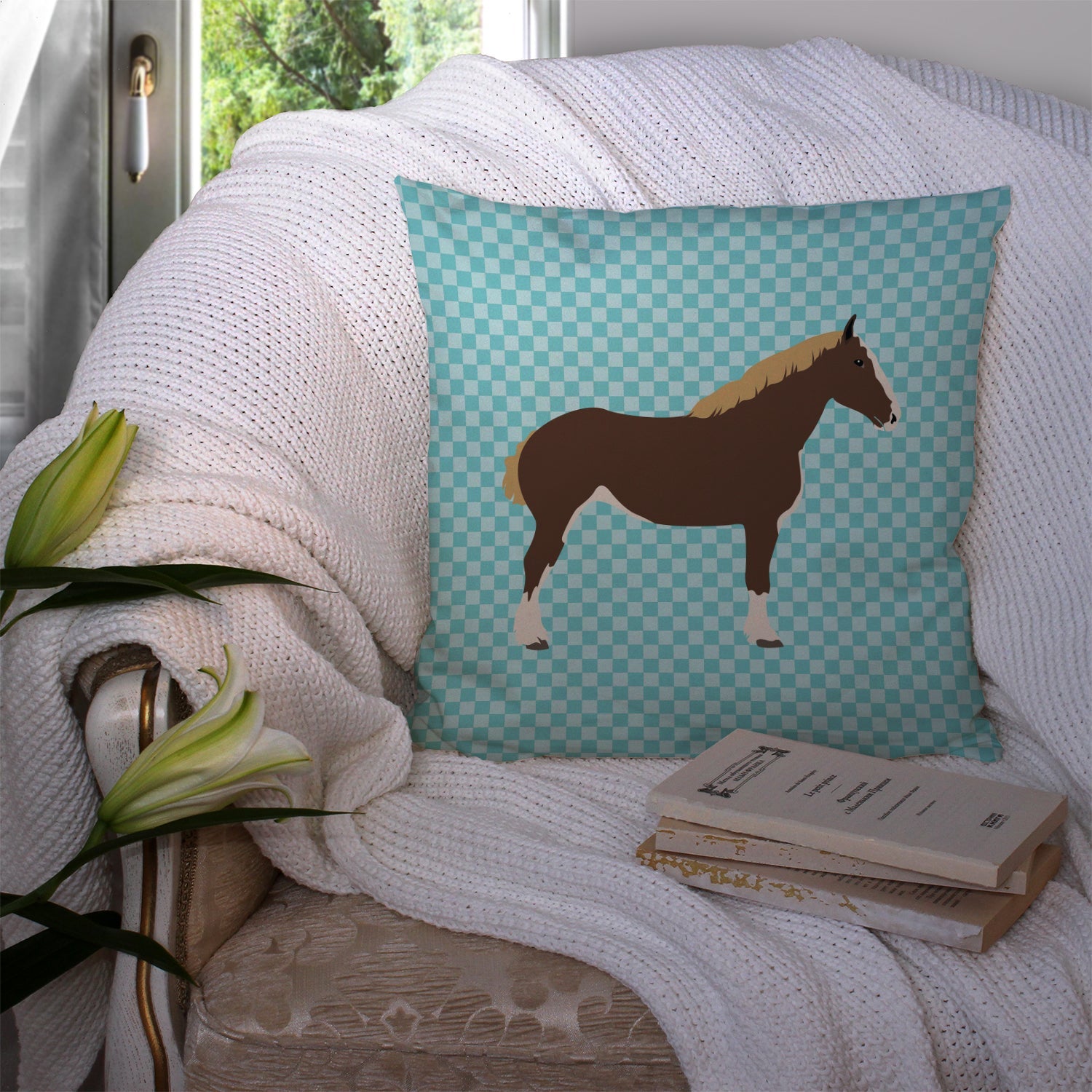 Percheron Horse Blue Check Decorative Throw Pillow 14x14 Indoor Outdoor Accent Cushion, Fabric Cover with Insert for Sofa, Bed, Porch & Living Room