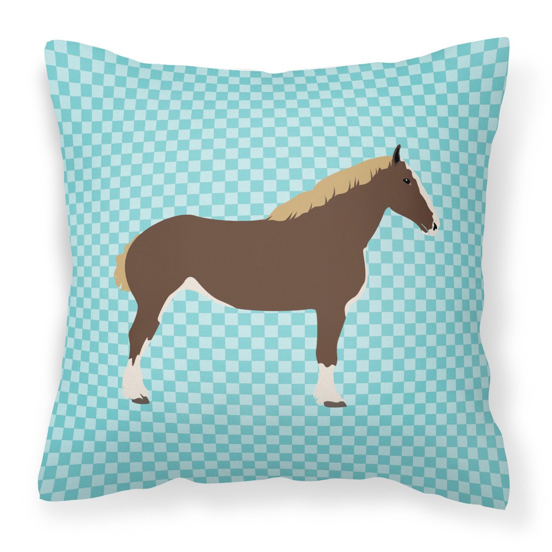Percheron Horse Blue Check Decorative Throw Pillow 18x18 Indoor Outdoor Accent Cushion, Fabric Cover with Insert for Sofa, Bed, Porch & Living Room