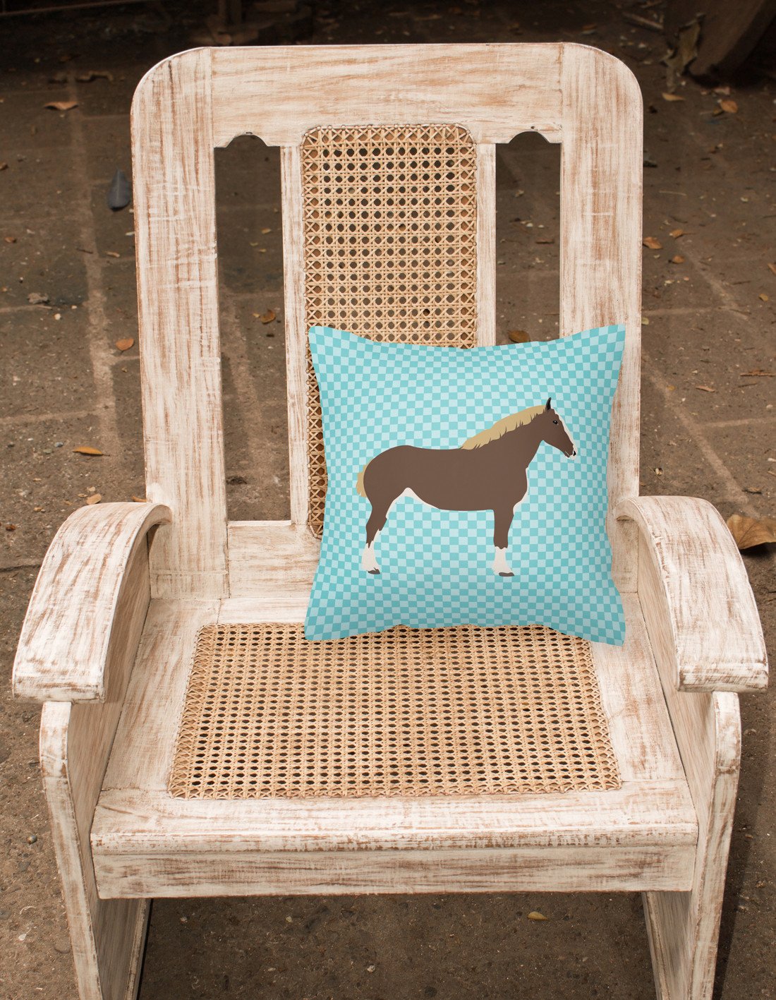 Percheron Horse Blue Check Decorative Throw Pillow 18x18 Indoor Outdoor Accent Cushion, Fabric Cover with Insert for Sofa, Bed, Porch & Living Room