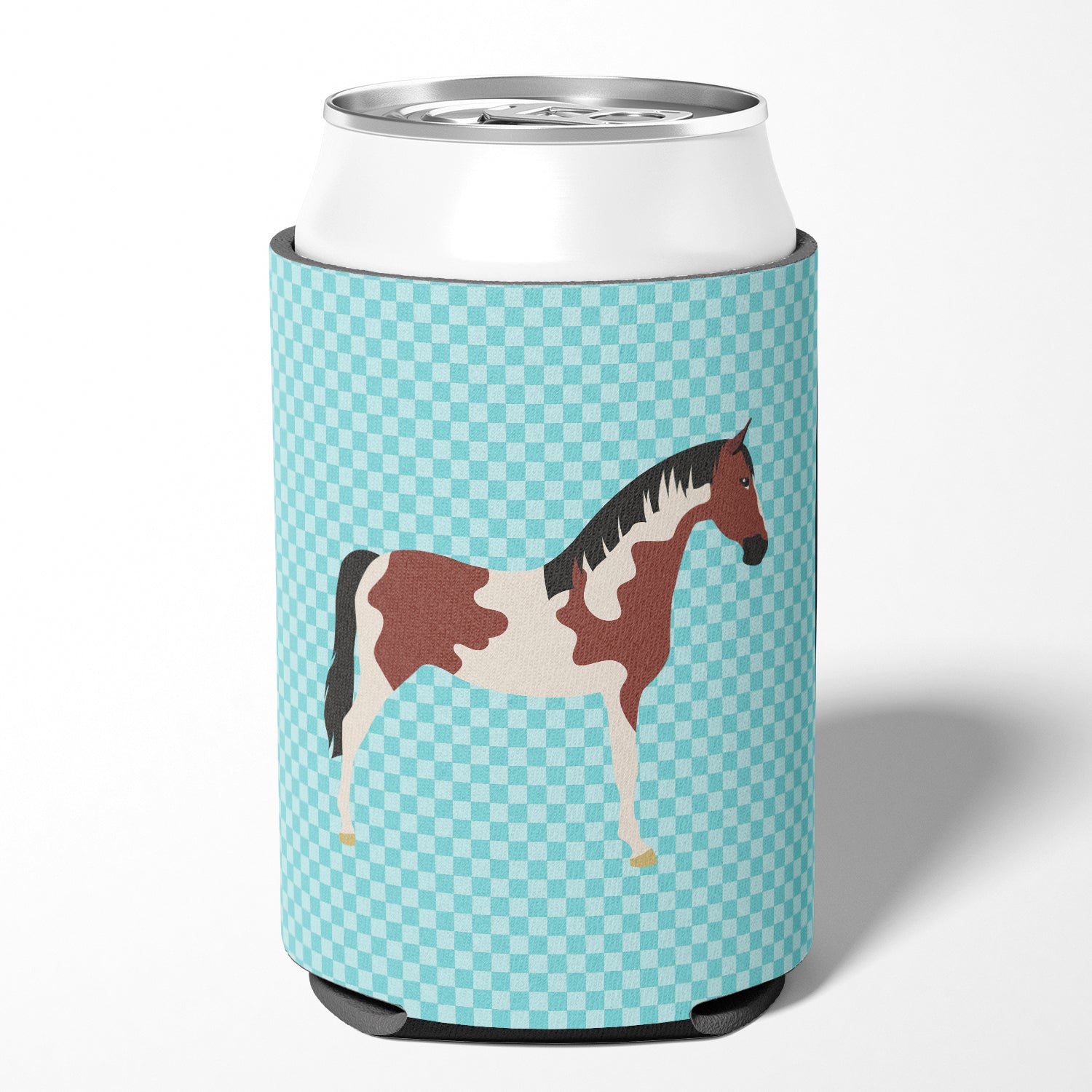 Pinto Horse Blue Check Can or Bottle Hugger Cooler Sleeve for Standard 12 oz Cans, Insulated Foam Beer & Soda Can Hugger Reusable