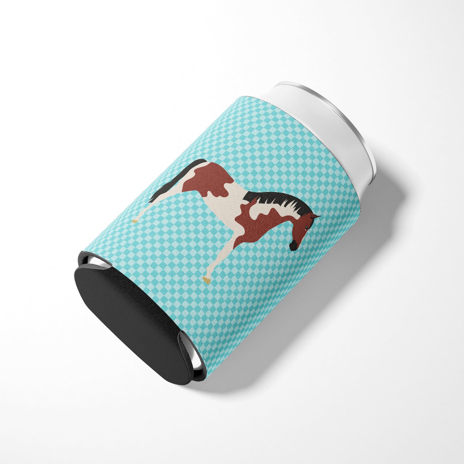 Pinto Horse Blue Check Can or Bottle Hugger Cooler Sleeve for Standard 12 oz Cans, Insulated Foam Beer & Soda Can Hugger Reusable