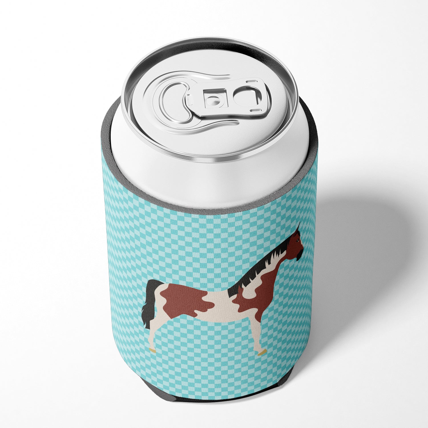 Pinto Horse Blue Check Can or Bottle Hugger Cooler Sleeve for Standard 12 oz Cans, Insulated Foam Beer & Soda Can Hugger Reusable