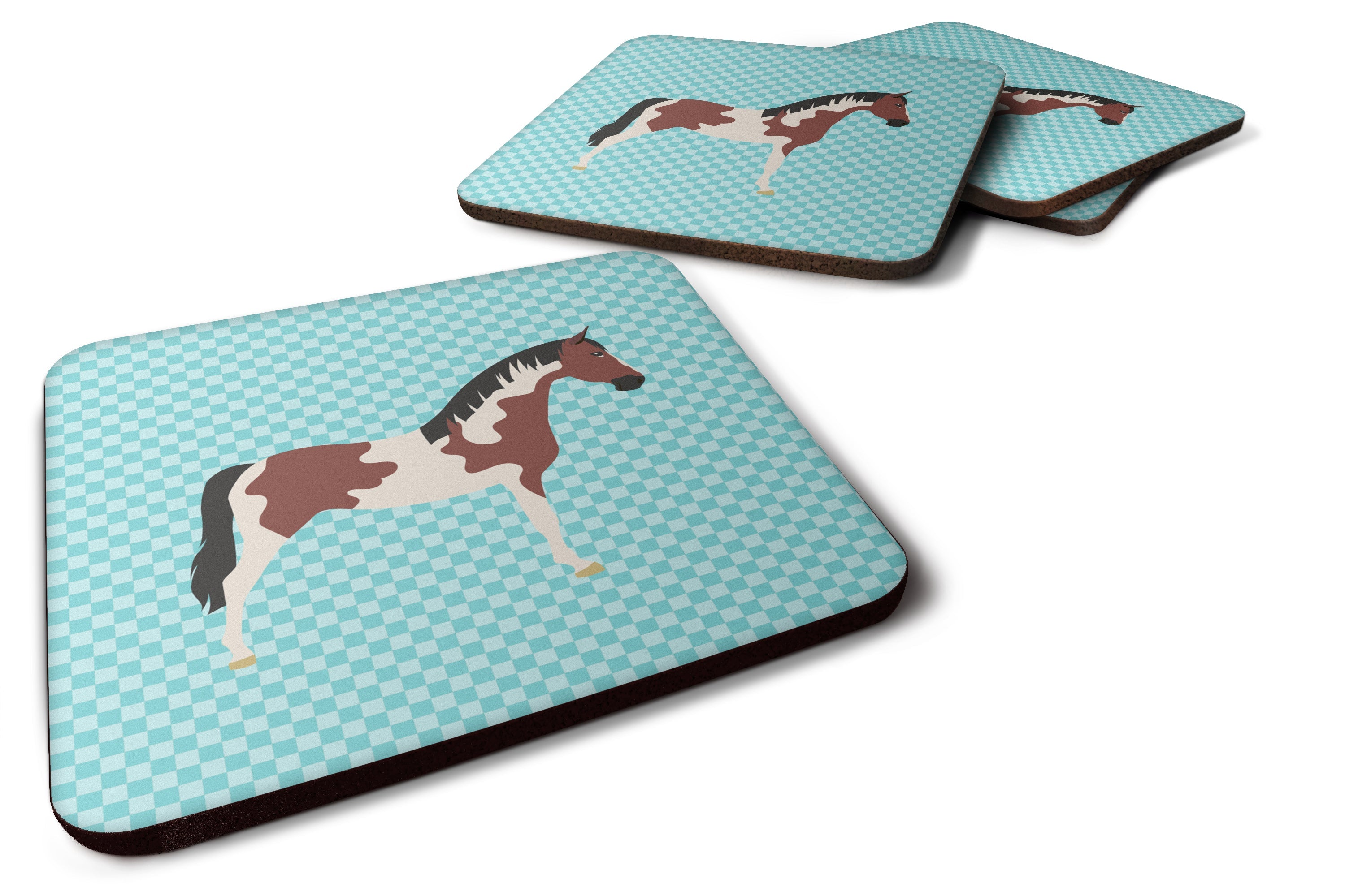 Pinto Horse Blue Check Foam Coasters Set of 4 Cup Coasters for Indoor Outdoor, Tabletop Protection, Anti Slip, Mouse pad Material