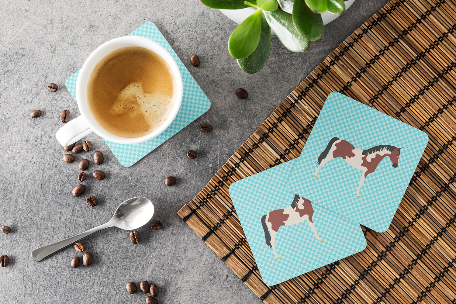 Pinto Horse Blue Check Foam Coasters Set of 4 Cup Coasters for Indoor Outdoor, Tabletop Protection, Anti Slip, Mouse pad Material