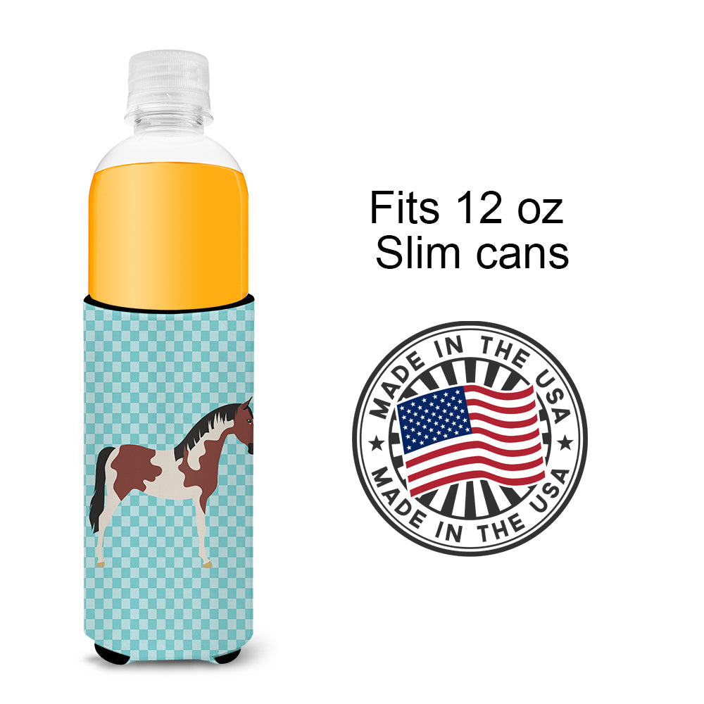 Pinto Horse Blue Check Slim Can Hugger , Insulated Foam Hugger for 12 oz Slim Cans, Beer Bottles & Water Bottles, Printed in USA