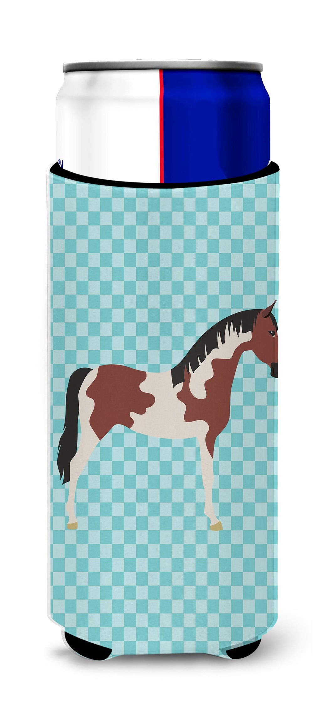 Pinto Horse Blue Check Slim Can Hugger , Insulated Foam Hugger for 12 oz Slim Cans, Beer Bottles & Water Bottles, Printed in USA
