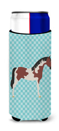 Pinto Horse Blue Check Slim Can Hugger , Insulated Foam Hugger for 12 oz Slim Cans, Beer Bottles & Water Bottles, Printed in USA