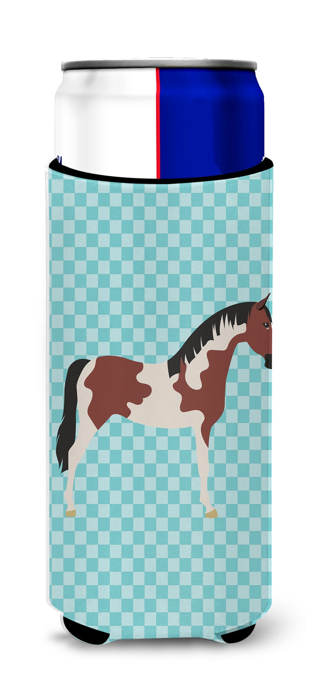 Pinto Horse Blue Check Slim Can Hugger , Insulated Foam Hugger for 12 oz Slim Cans, Beer Bottles & Water Bottles, Printed in USA