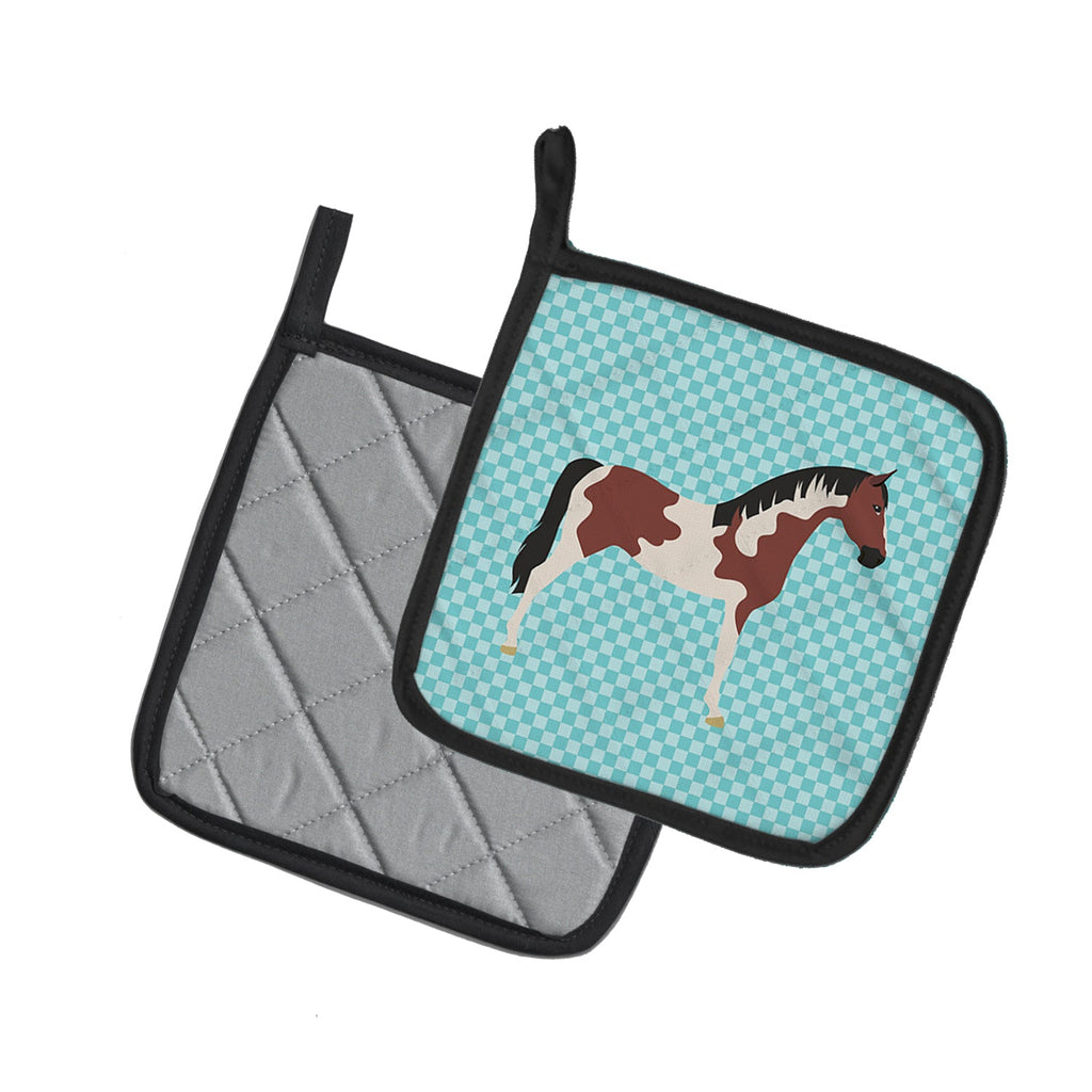 Pinto Horse Blue Check Pot Holder Set of 2 Heat Resistant Quilted Hot Pads 7.5 x 7.5 Inch, Insulated Kitchen Trivets for Cooking & Baking