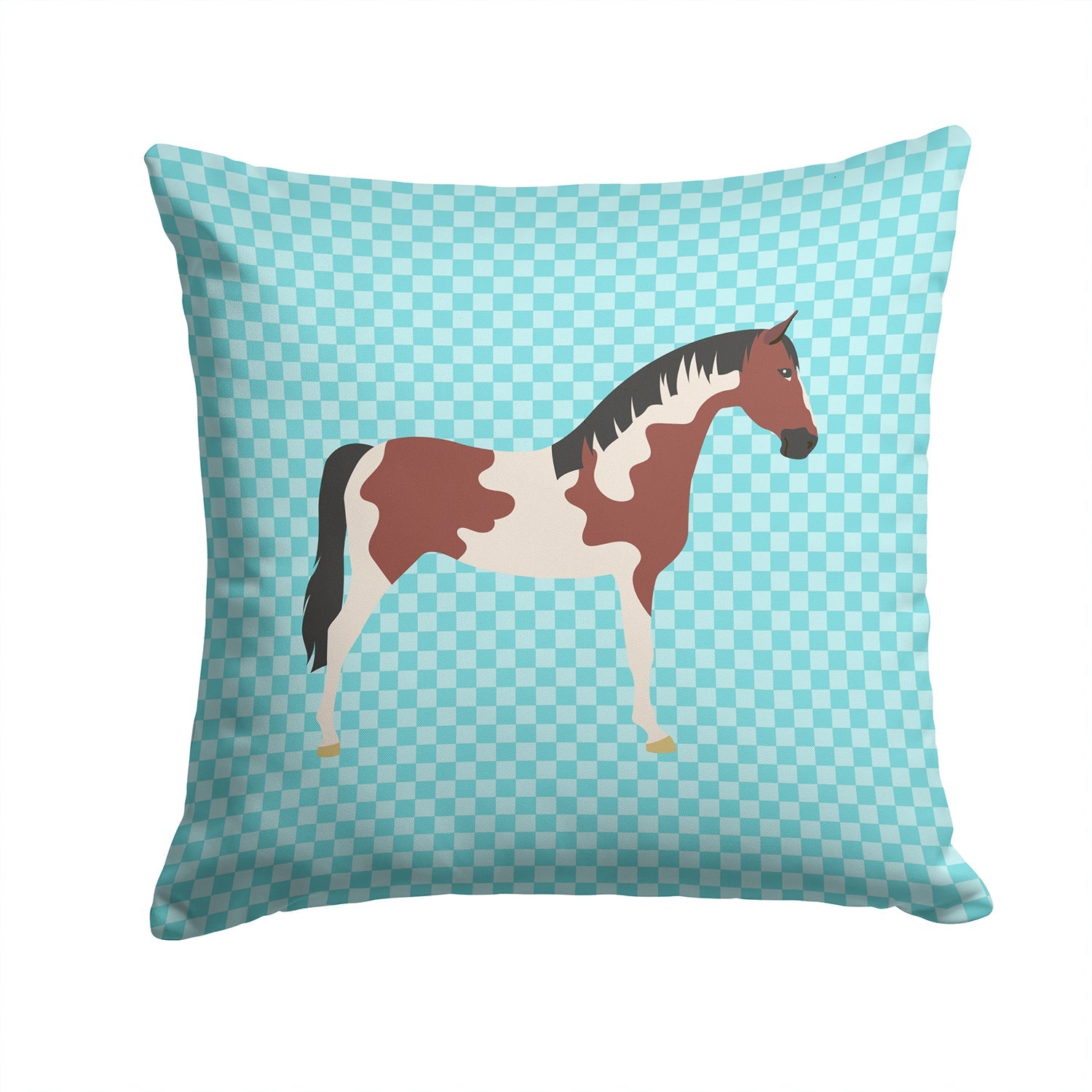 Pinto Horse Blue Check Decorative Throw Pillow 14x14 Indoor Outdoor Accent Cushion, Fabric Cover with Insert for Sofa, Bed, Porch & Living Room