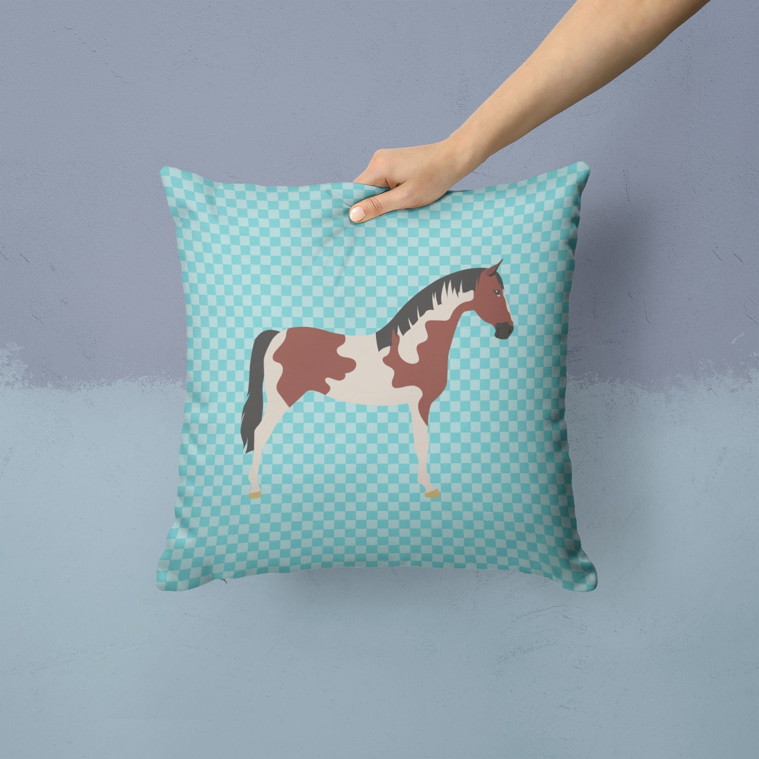 Pinto Horse Blue Check Decorative Throw Pillow 14x14 Indoor Outdoor Accent Cushion, Fabric Cover with Insert for Sofa, Bed, Porch & Living Room