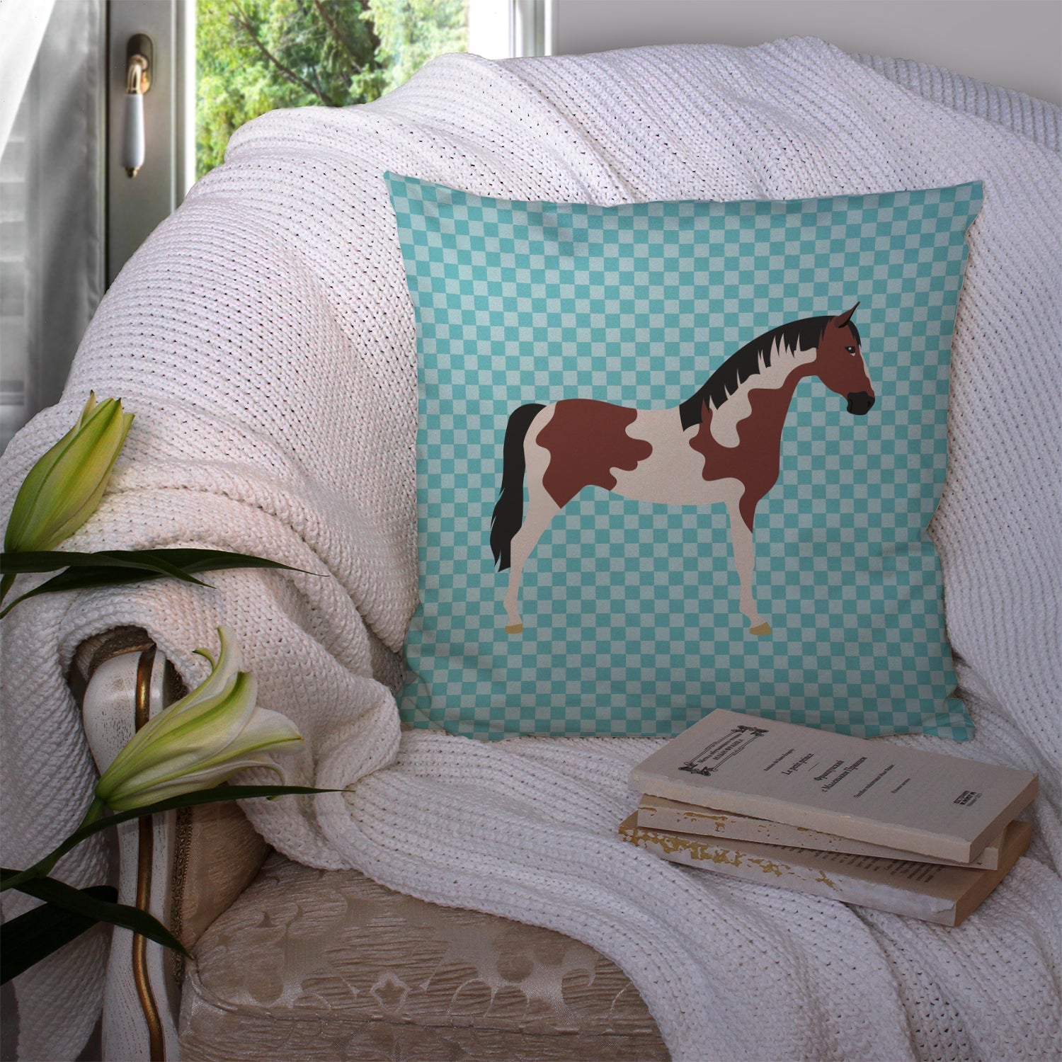 Pinto Horse Blue Check Decorative Throw Pillow 14x14 Indoor Outdoor Accent Cushion, Fabric Cover with Insert for Sofa, Bed, Porch & Living Room