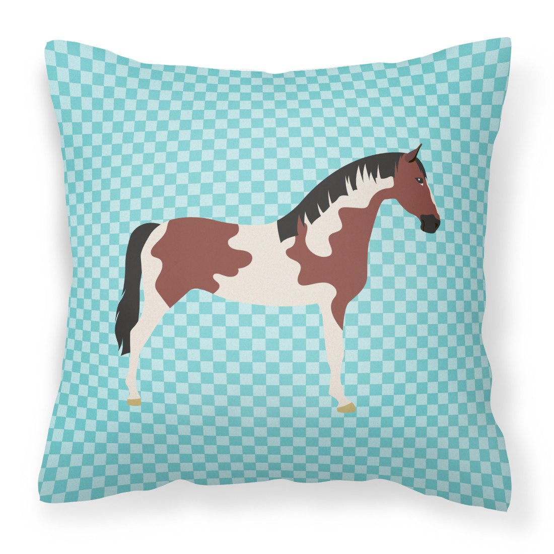 Pinto Horse Blue Check Decorative Throw Pillow 18x18 Indoor Outdoor Accent Cushion, Fabric Cover with Insert for Sofa, Bed, Porch & Living Room