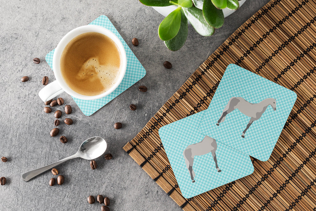 Orlov Trotter Horse Blue Check Foam Coasters Set of 4 Cup Coasters for Indoor Outdoor, Tabletop Protection, Anti Slip, Mouse pad Material
