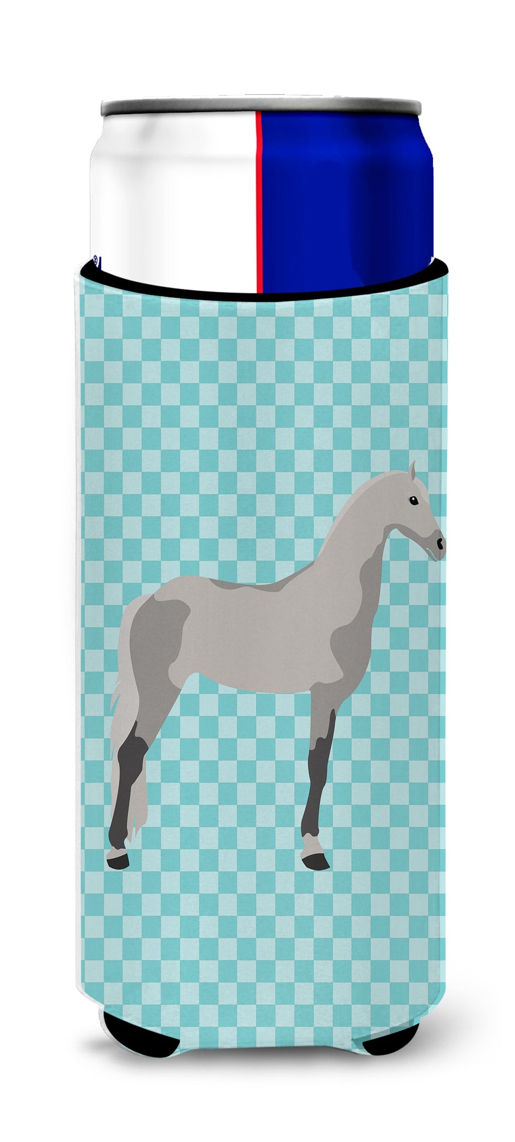 Orlov Trotter Horse Blue Check Slim Can Hugger , Insulated Foam Hugger for 12 oz Slim Cans, Beer Bottles & Water Bottles, Printed in USA
