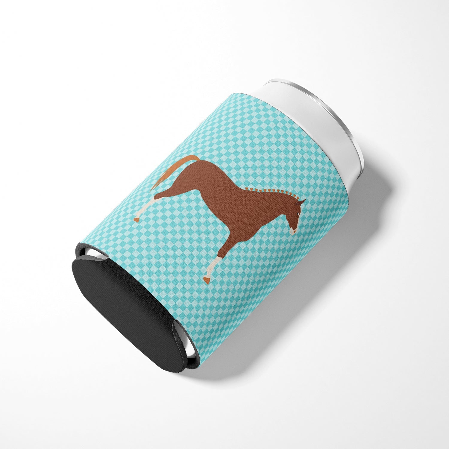 Hannoverian Horse Blue Check Can or Bottle Hugger Cooler Sleeve for Standard 12 oz Cans, Insulated Foam Beer & Soda Can Hugger Reusable