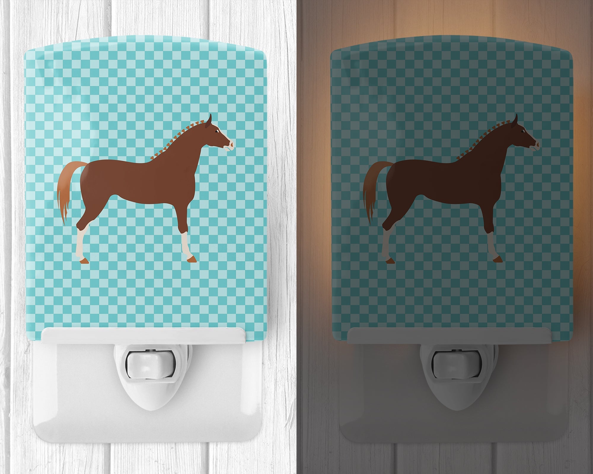 Hannoverian Horse Blue Check Ceramic Night Light Compact, UL-Certified, Ideal for Bedroom, Bathroom, Nursery, Hallway, Kitchen, 6x4x3, Multicolor