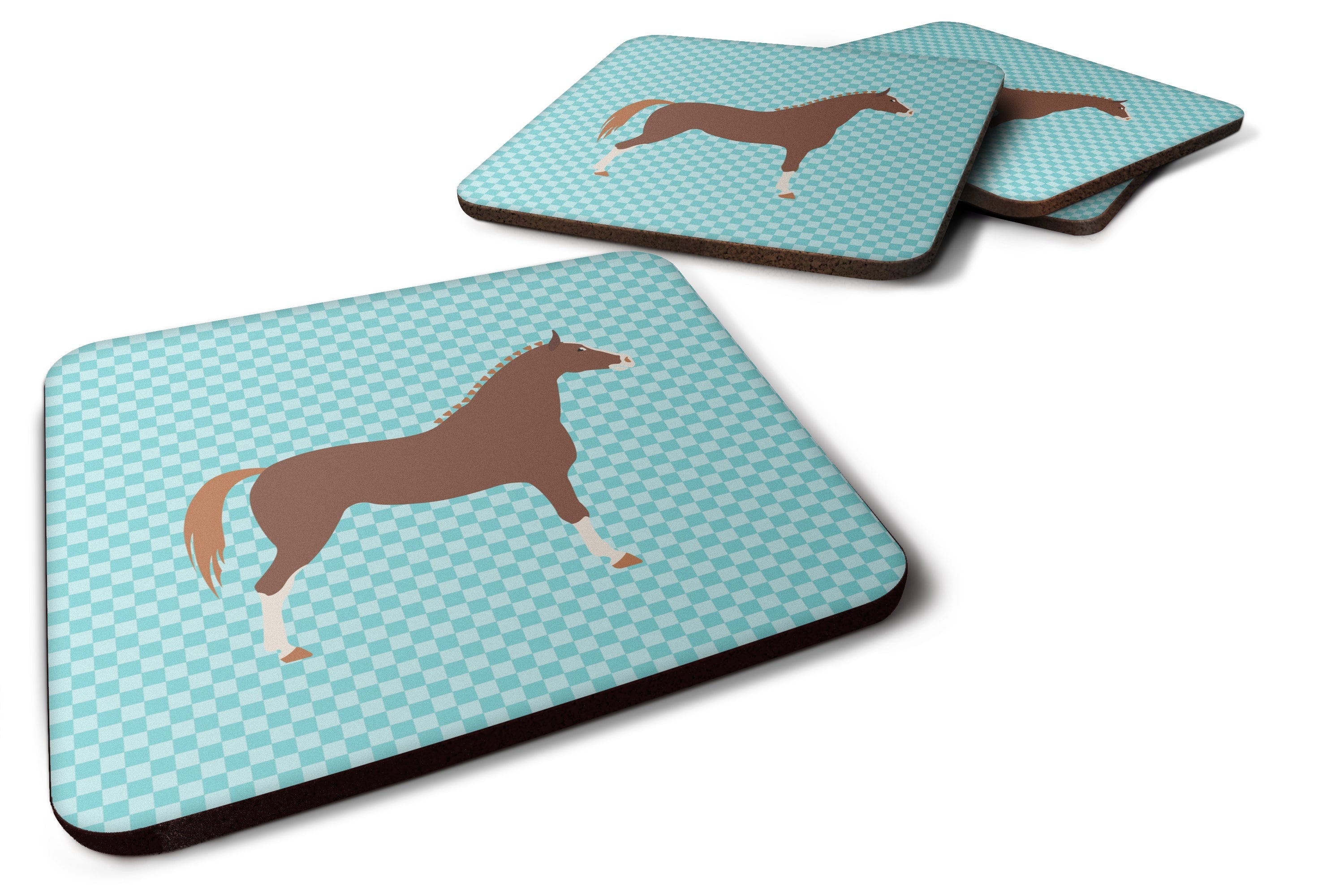 Hannoverian Horse Blue Check Foam Coasters Set of 4 Cup Coasters for Indoor Outdoor, Tabletop Protection, Anti Slip, Mouse pad Material