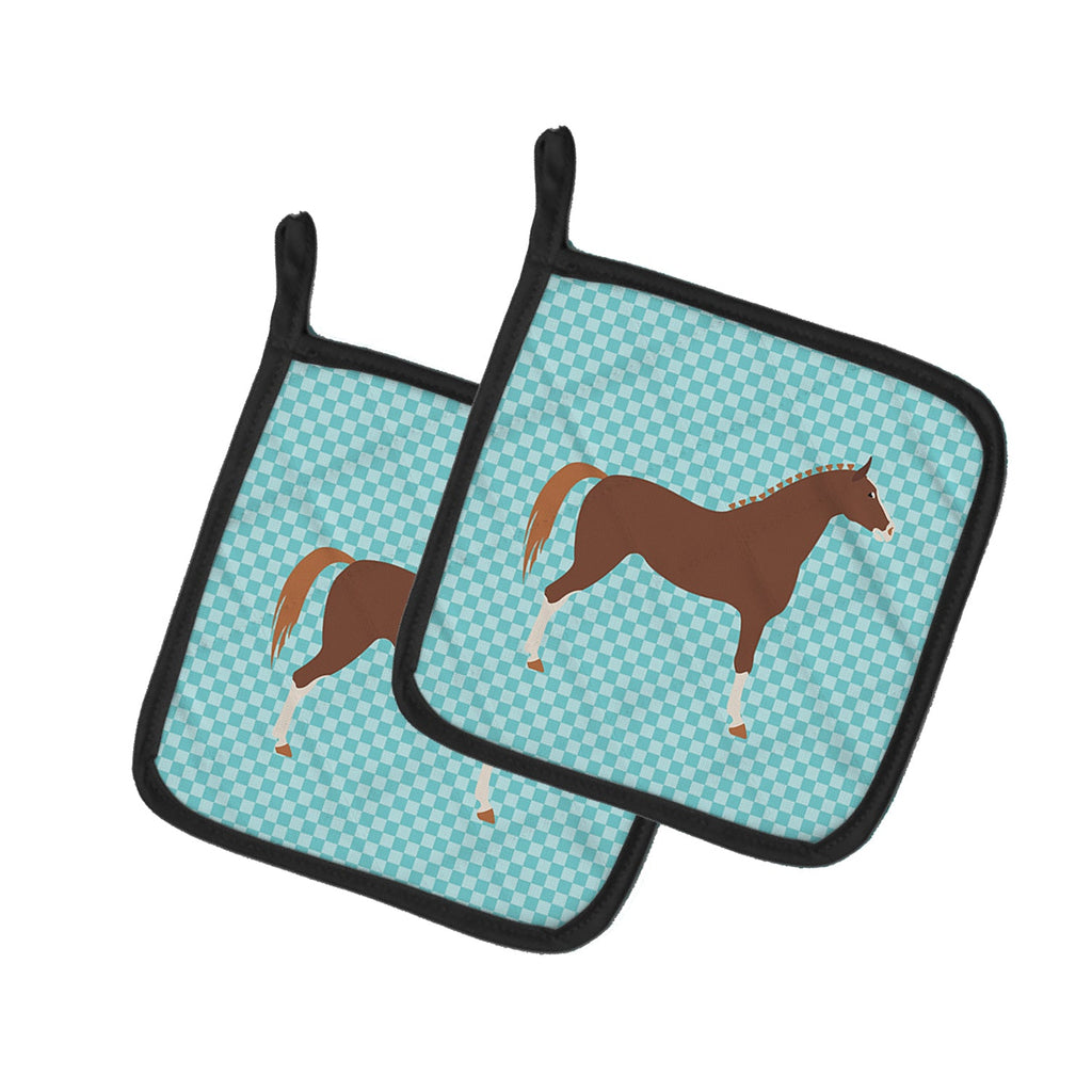 Hannoverian Horse Blue Check Pot Holder Set of 2 Heat Resistant Quilted Hot Pads 7.5 x 7.5 Inch, Insulated Kitchen Trivets for Cooking & Baking