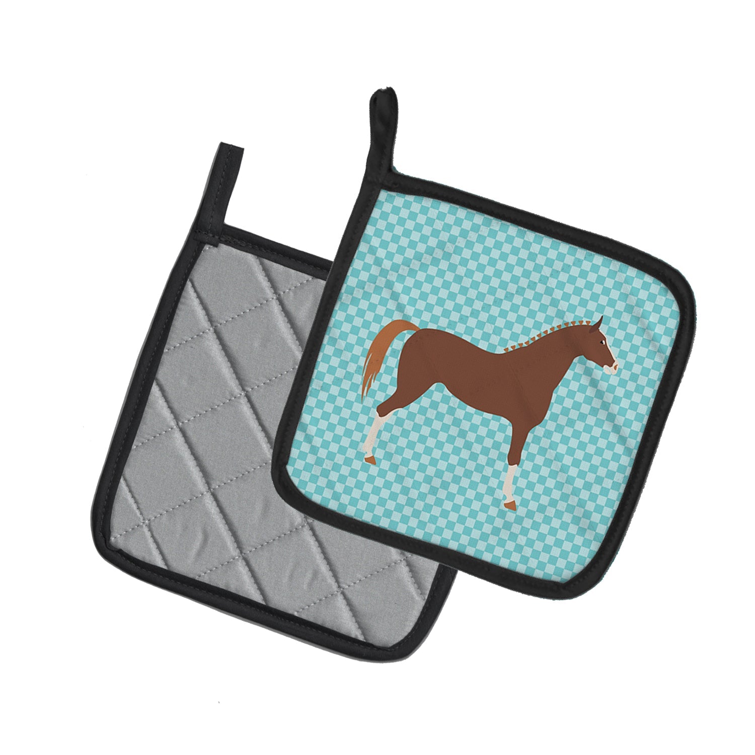 Hannoverian Horse Blue Check Pot Holder Set of 2 Heat Resistant Quilted Hot Pads 7.5 x 7.5 Inch, Insulated Kitchen Trivets for Cooking & Baking
