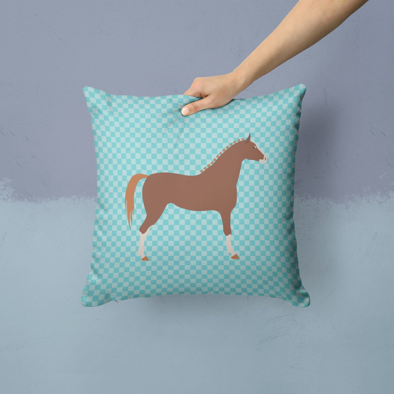 Hannoverian Horse Blue Check Decorative Throw Pillow 14x14 Indoor Outdoor Accent Cushion, Fabric Cover with Insert for Sofa, Bed, Porch & Living Room