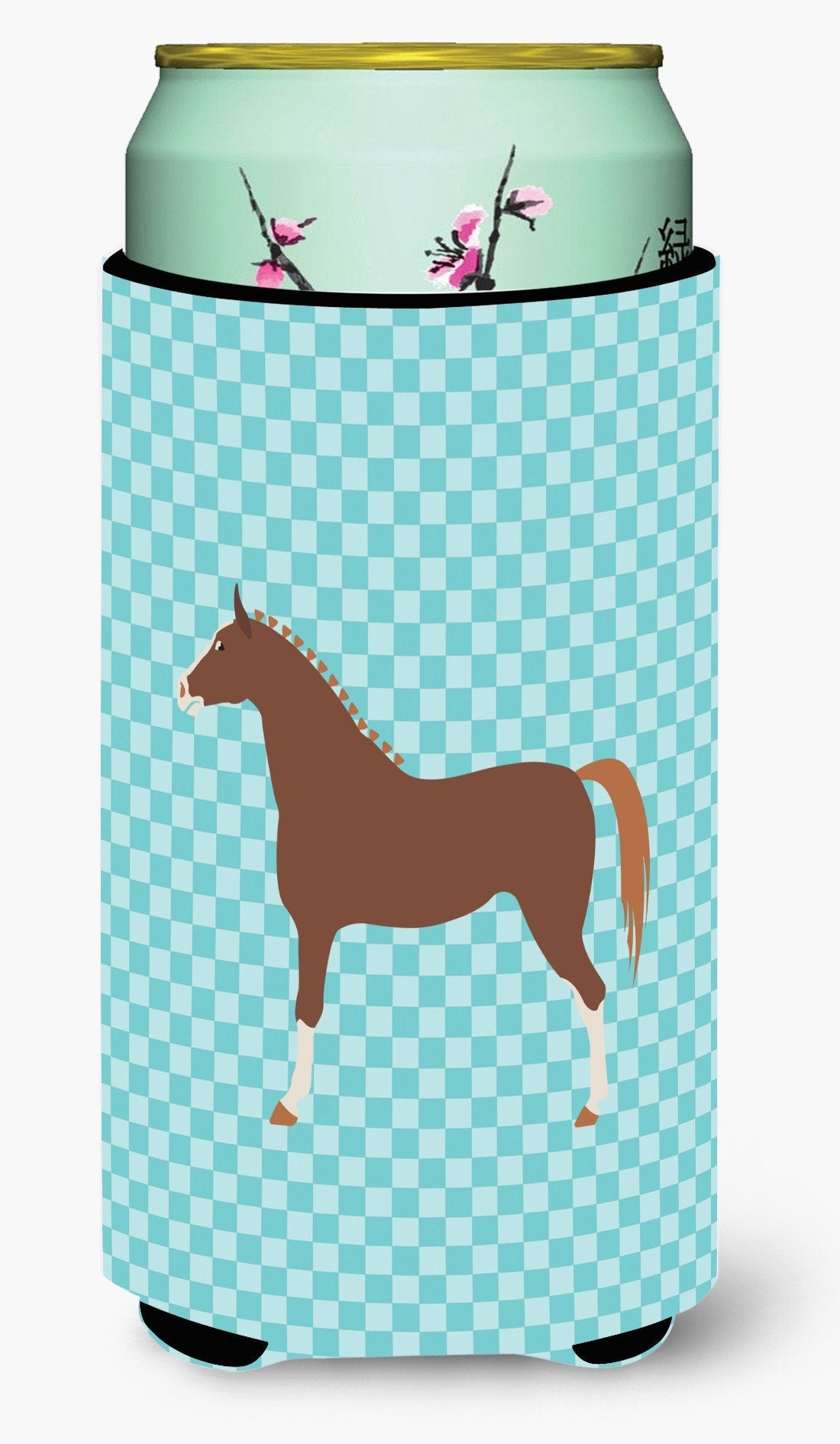 Hannoverian Horse Blue Check Tall Boy Hugger Can Cooler Sleeve Machine Washable Drink Collapsible Insulator Beverage Insulated Holder