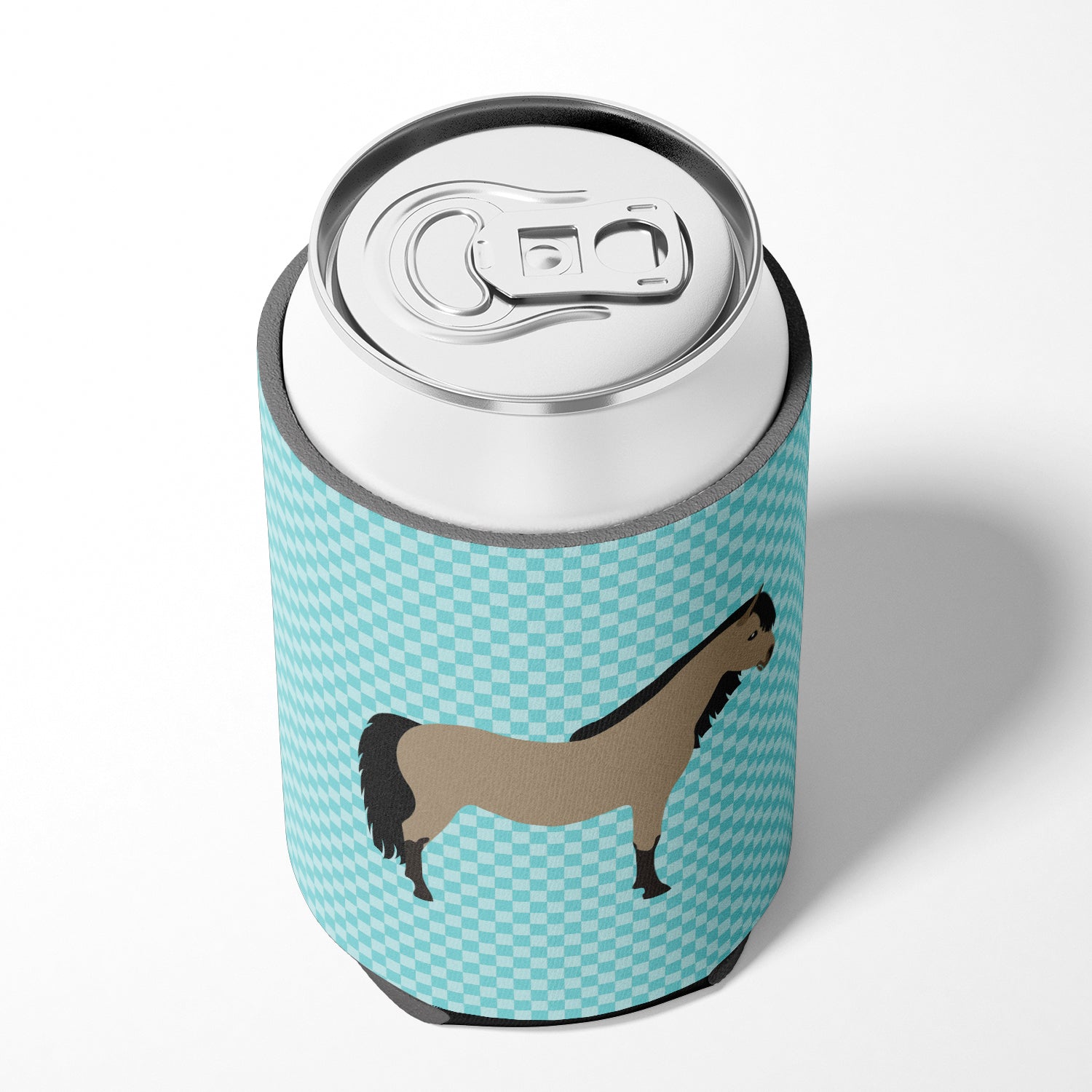 Welsh Pony Horse Blue Check Can or Bottle Hugger Cooler Sleeve for Standard 12 oz Cans, Insulated Foam Beer & Soda Can Hugger Reusable