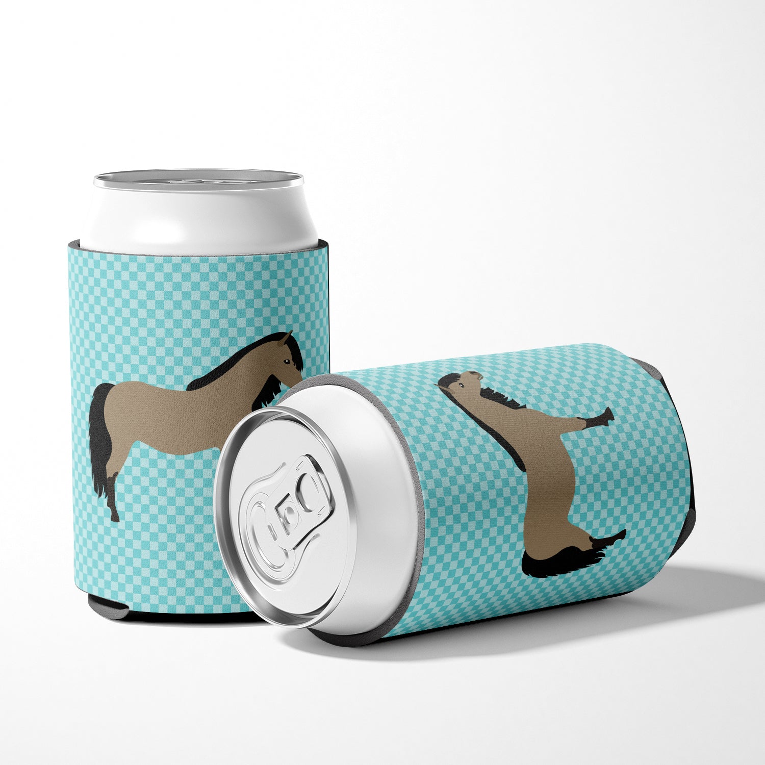 Welsh Pony Horse Blue Check Can or Bottle Hugger Cooler Sleeve for Standard 12 oz Cans, Insulated Foam Beer & Soda Can Hugger Reusable