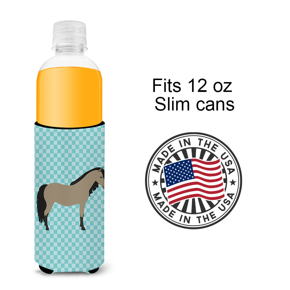 Welsh Pony Horse Blue Check Slim Can Hugger , Insulated Foam Hugger for 12 oz Slim Cans, Beer Bottles & Water Bottles, Printed in USA