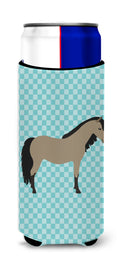 Welsh Pony Horse Blue Check Slim Can Hugger , Insulated Foam Hugger for 12 oz Slim Cans, Beer Bottles & Water Bottles, Printed in USA