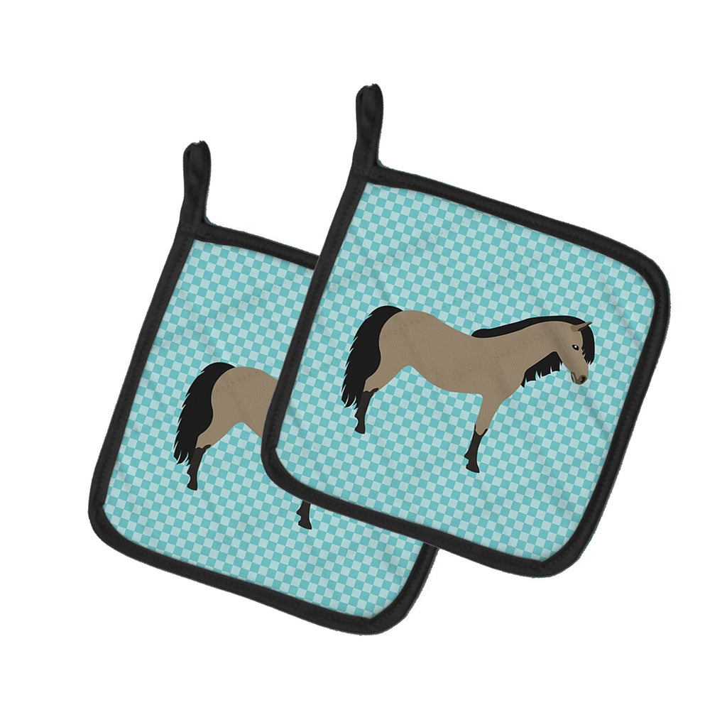 Welsh Pony Horse Blue Check Pot Holder Set of 2 Heat Resistant Quilted Hot Pads 7.5 x 7.5 Inch, Insulated Kitchen Trivets for Cooking & Baking