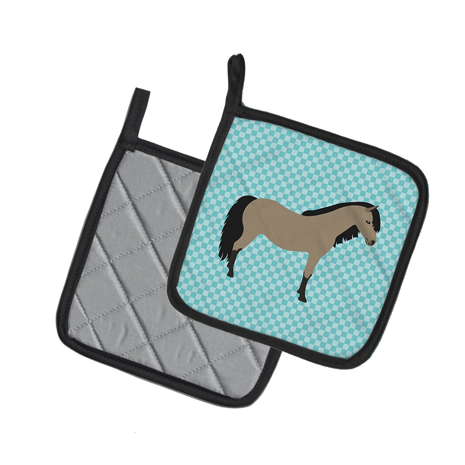 Welsh Pony Horse Blue Check Pot Holder Set of 2 Heat Resistant Quilted Hot Pads 7.5 x 7.5 Inch, Insulated Kitchen Trivets for Cooking & Baking