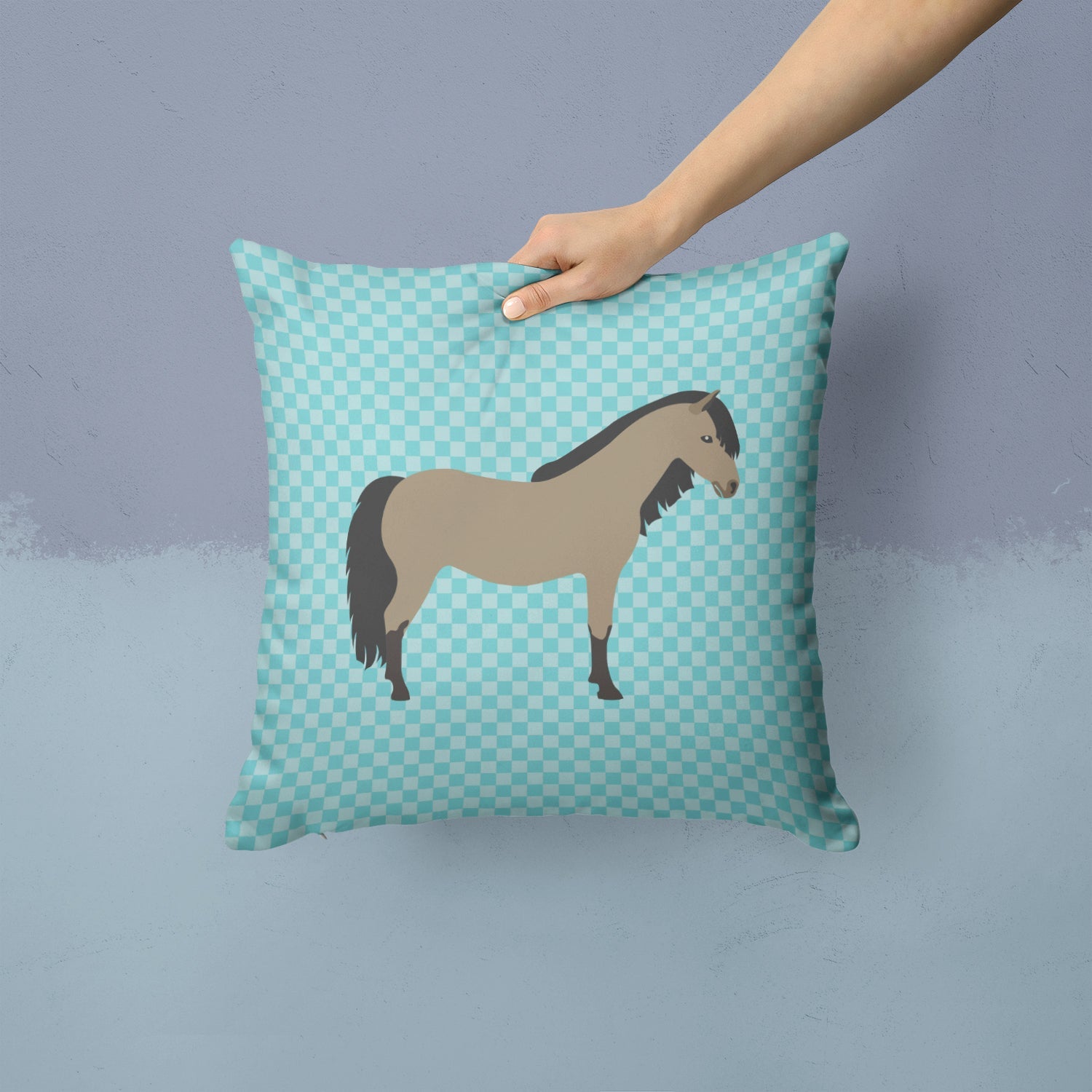 Welsh Pony Horse Blue Check Decorative Throw Pillow 14x14 Indoor Outdoor Accent Cushion, Fabric Cover with Insert for Sofa, Bed, Porch & Living Room