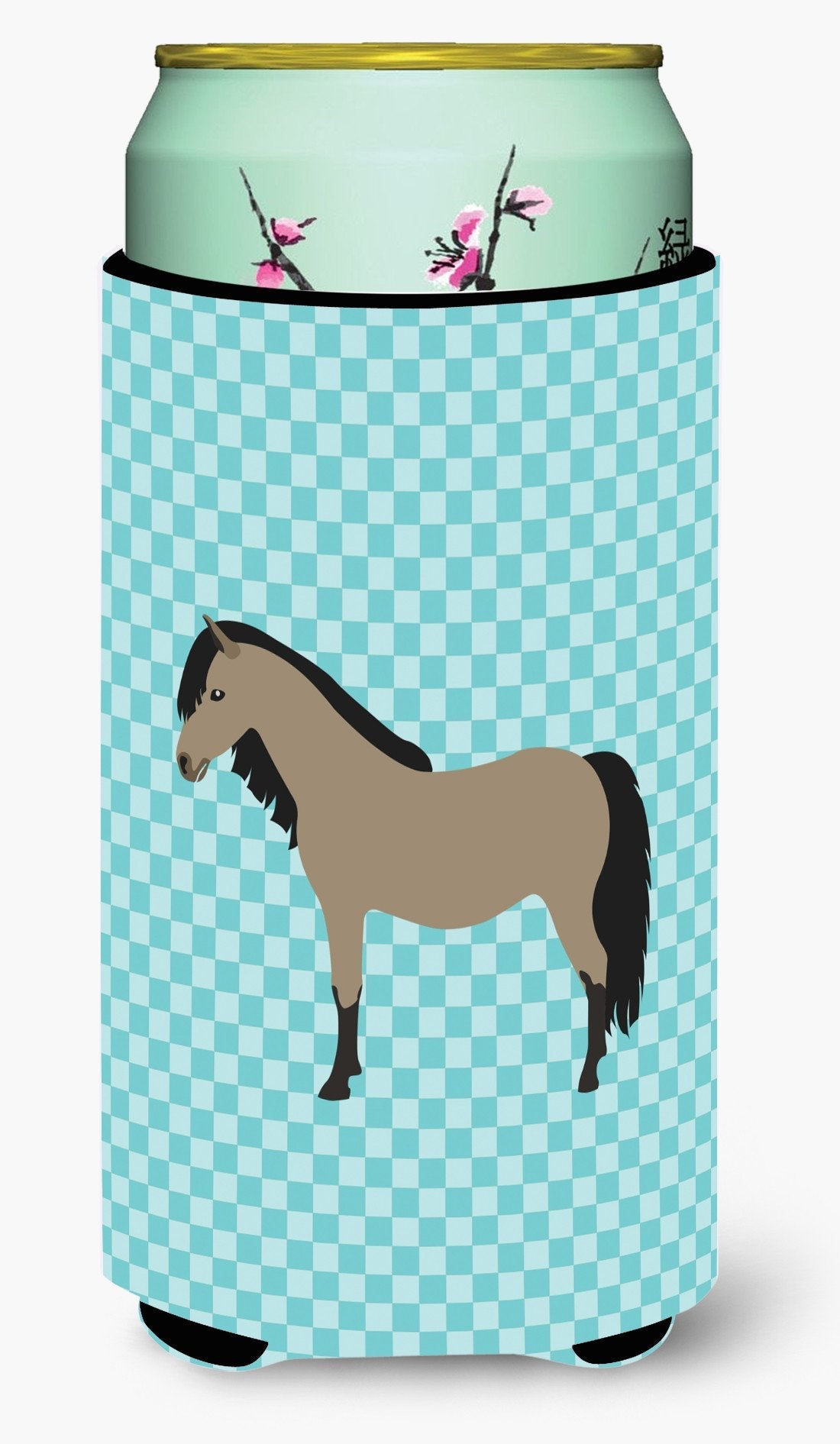 Welsh Pony Horse Blue Check Tall Boy Hugger Can Cooler Sleeve Machine Washable Drink Collapsible Insulator Beverage Insulated Holder
