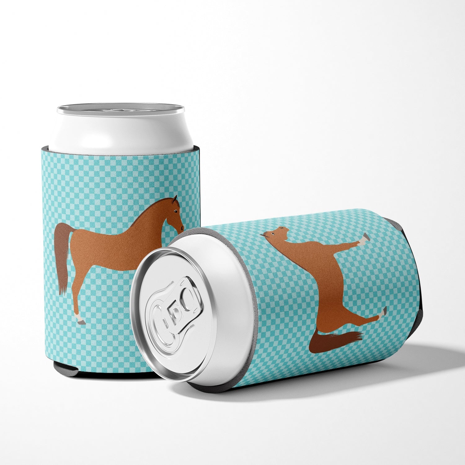 Arabian Horse Blue Check Can or Bottle Hugger Cooler Sleeve for Standard 12 oz Cans, Insulated Foam Beer & Soda Can Hugger Reusable