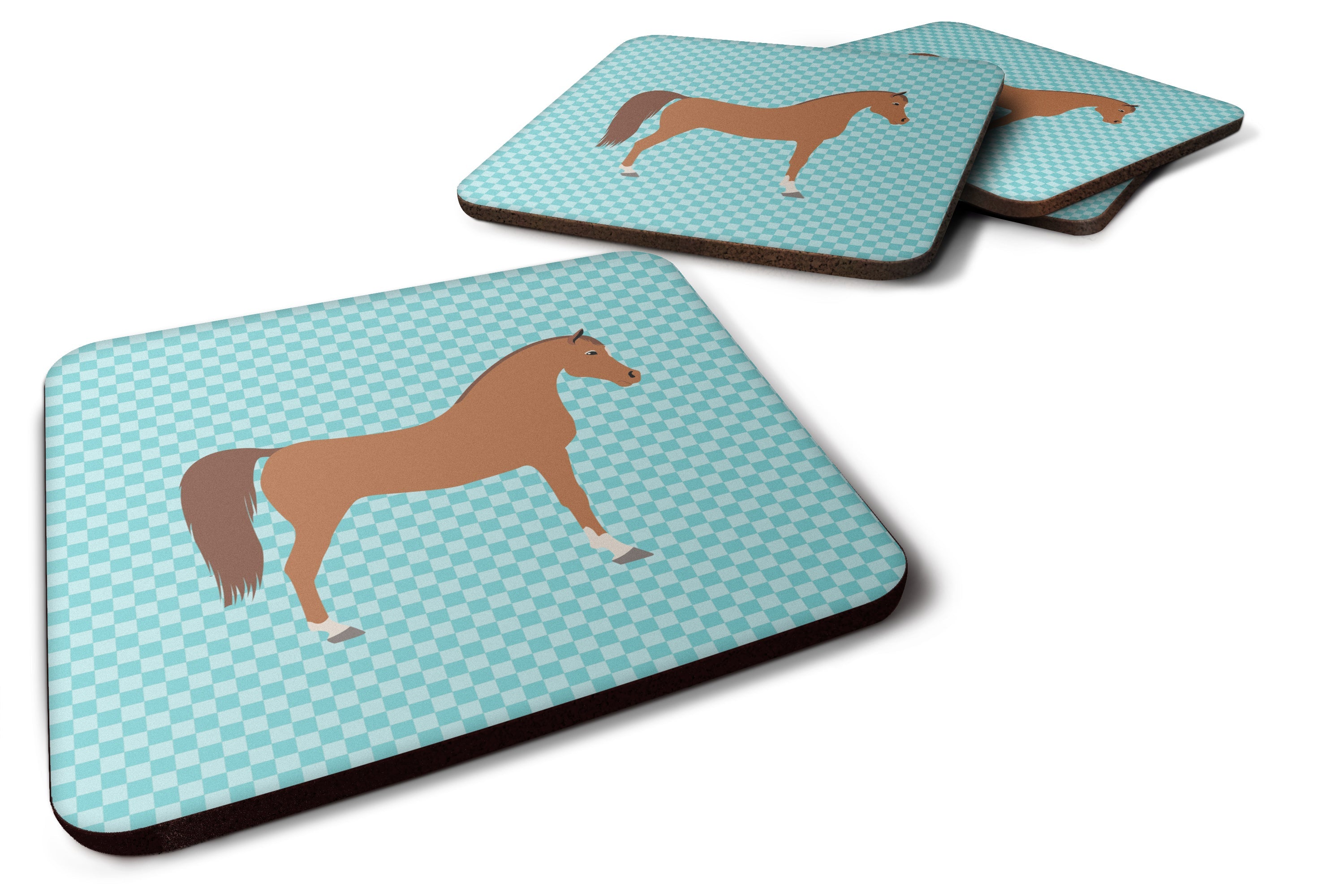 Arabian Horse Blue Check Foam Coasters Set of 4 Cup Coasters for Indoor Outdoor, Tabletop Protection, Anti Slip, Mouse pad Material