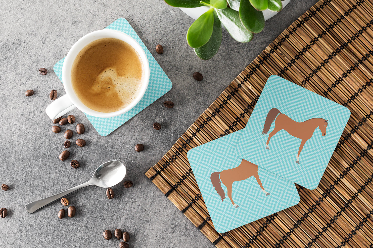 Arabian Horse Blue Check Foam Coasters Set of 4 Cup Coasters for Indoor Outdoor, Tabletop Protection, Anti Slip, Mouse pad Material