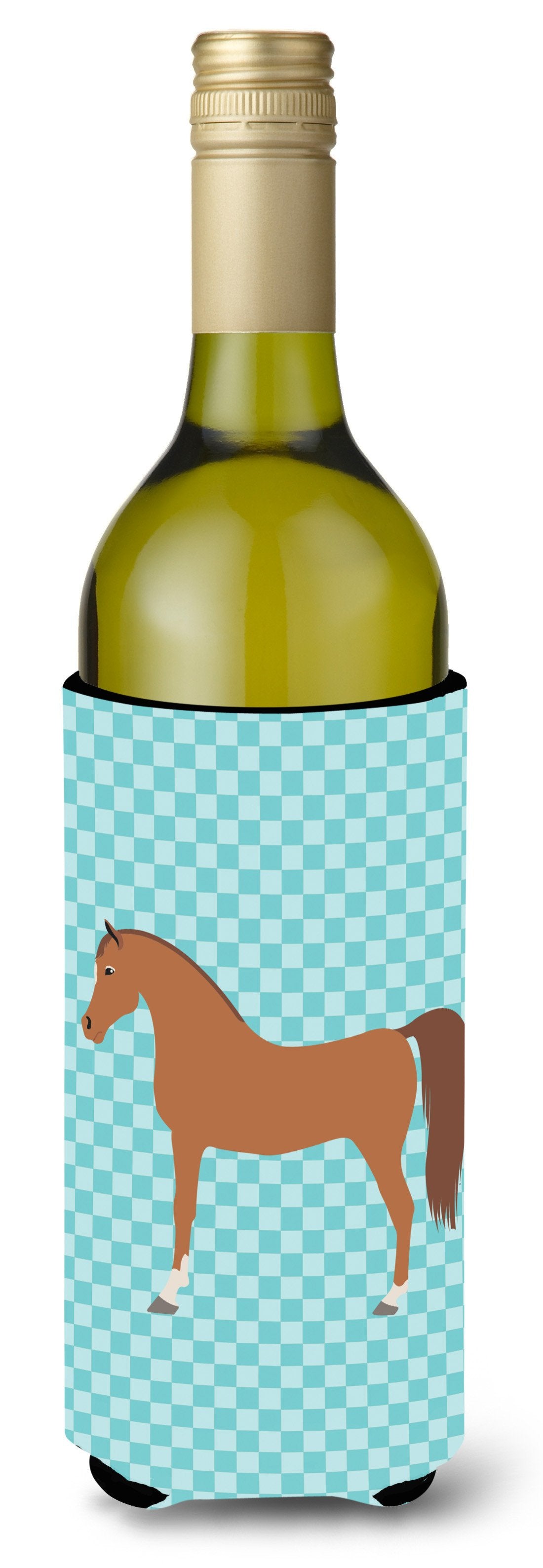 Arabian Horse Blue Check Wine Bottle Hugger Gift Sleeve for Standard 750 ml Bottles, Insulated Reusable Also Fits Mini Shot & Pint Bottles